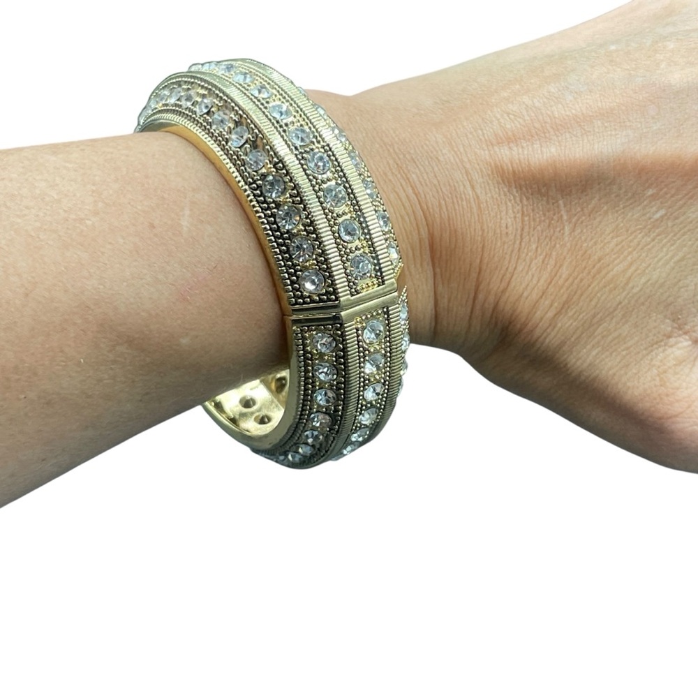 Elegant Gold and Crystal Thick Hinged Bangle Bracelet - Picture 2 of 4